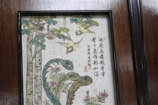 A pair of Chinese porcelain panels, painted with birds and inscribed, 73cm x 18cm